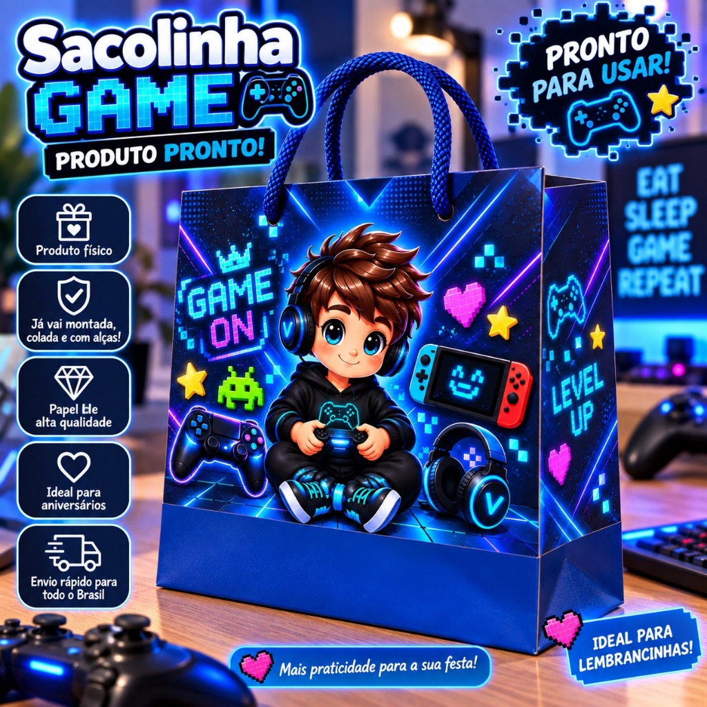 Sacolinha Video Game Personalizada | Sacola Gamer para Lembrancinha | Festa Infantil | Game On