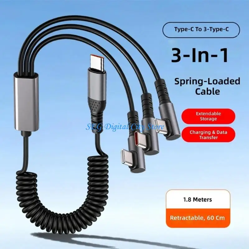 U75B 3 in 1 Type C Charging Cable Triple Port Fast Chargers 66W USB C Splitter Cable for Phones Tablets Gaming Devices