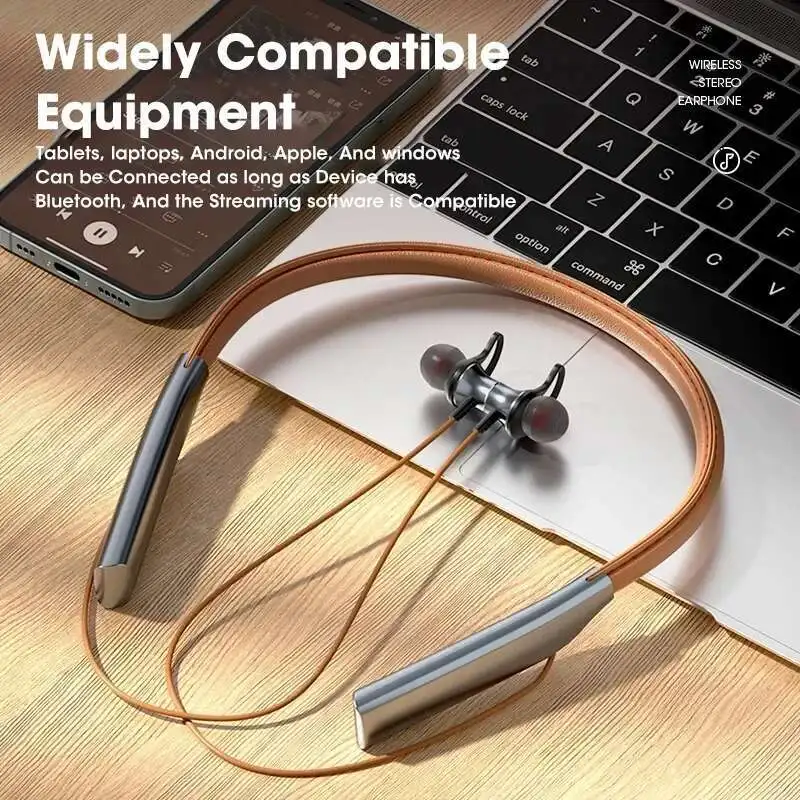 Hot Selling High Aesthetic Leather Neck Hanging Bluetooth Earphones In Ear Metal Fast Charging Long Endurance Gaming Earphones