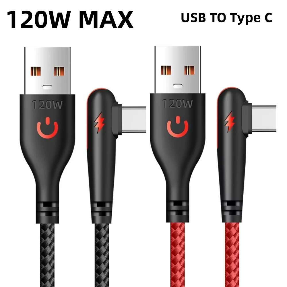 120W Braided 90-Degree Elbow Fast Charging USB To Type C Gaming Cable for Iphone 17 16 15 Pro Max Xiaomi Redmi