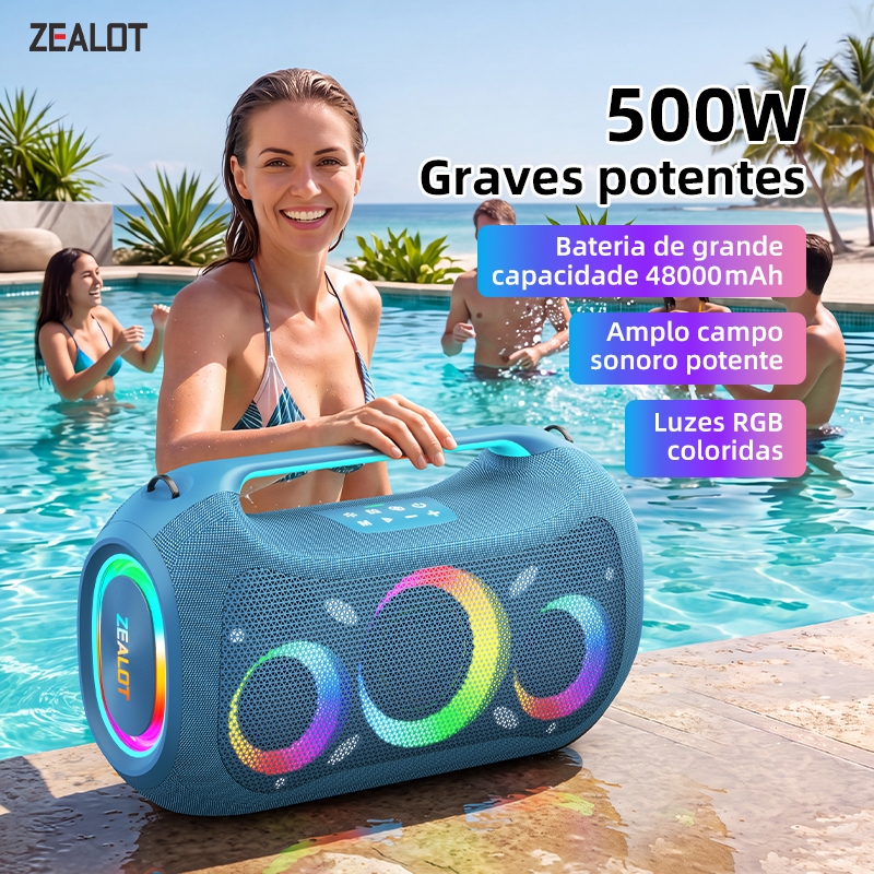 ZEALOT ZE51 Alto-Falante Bluetooth 500W 48000mAh BT5.3 Iluminação RGB TWS Conexão Estéreo Alça Portátil IPX6 À Prova D'á