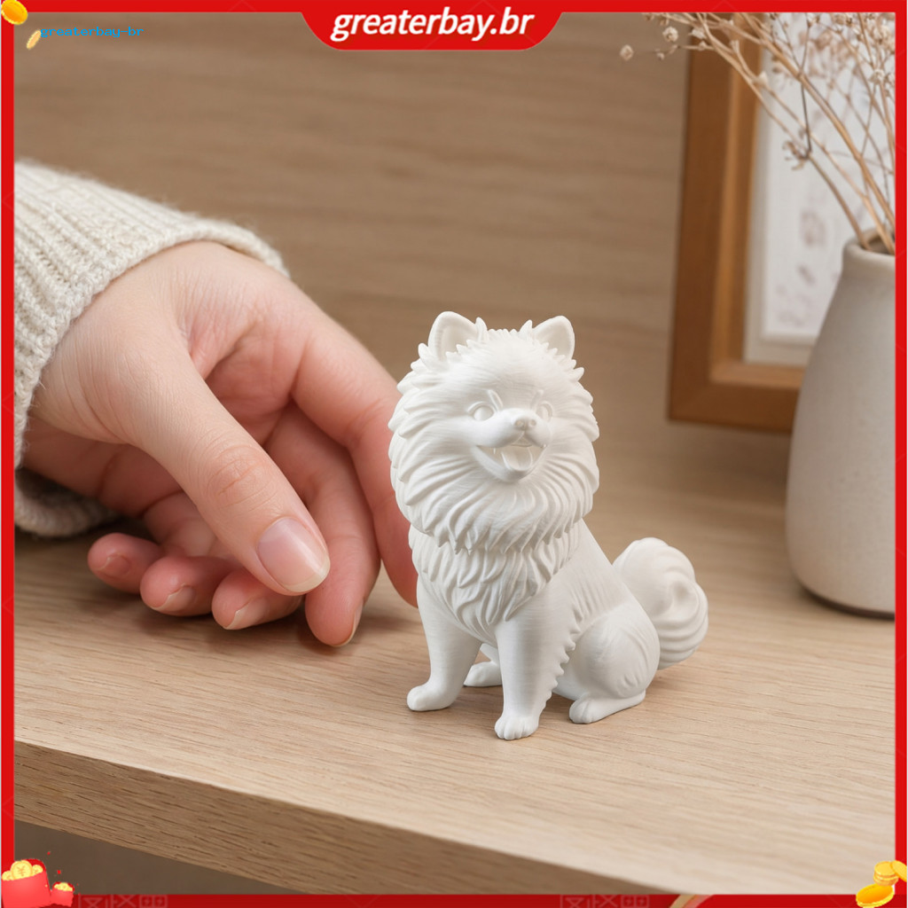3d Printed Cute White Pomeranian Dog Figurine – Small Twisting Head Puppy Statue Minimalist Desktop Ornament for Home