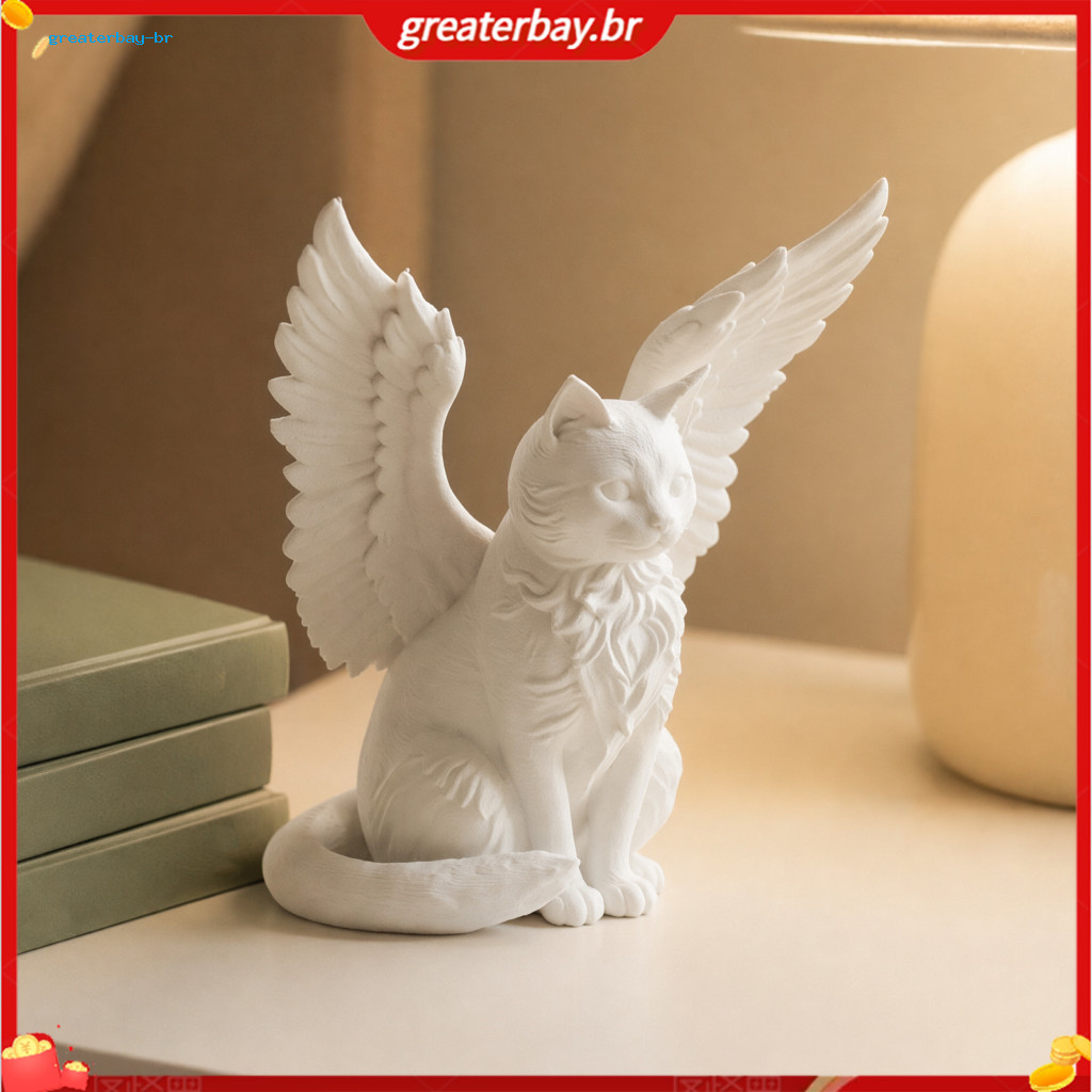 Matte White Angel Cat Desk Ornament – Minimalist 3d Printed Winged Sculpture for Home Office Shelf Desktop Decor Moder