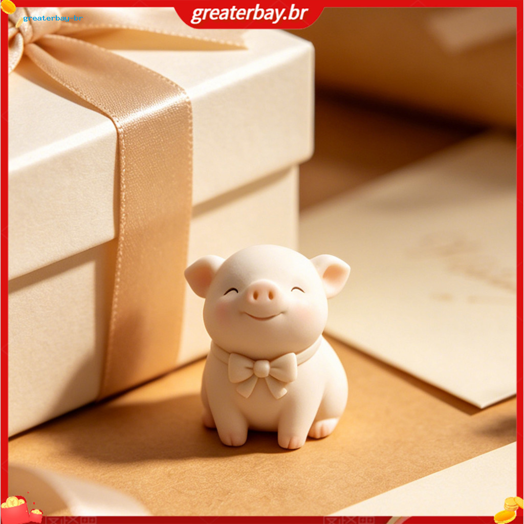 3d Printed Cute Bow Tie Pig Figurine – Matte Cream White Minimalist Animal Decor Compact Desk Ornament Car Accessory W