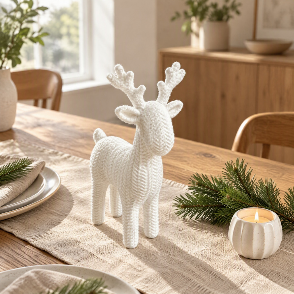 Christmas Deer Ornament Holiday Shelf Decoration 3d White Knitted Texture Antler – Minimalist Tabletop Figurine for Ho