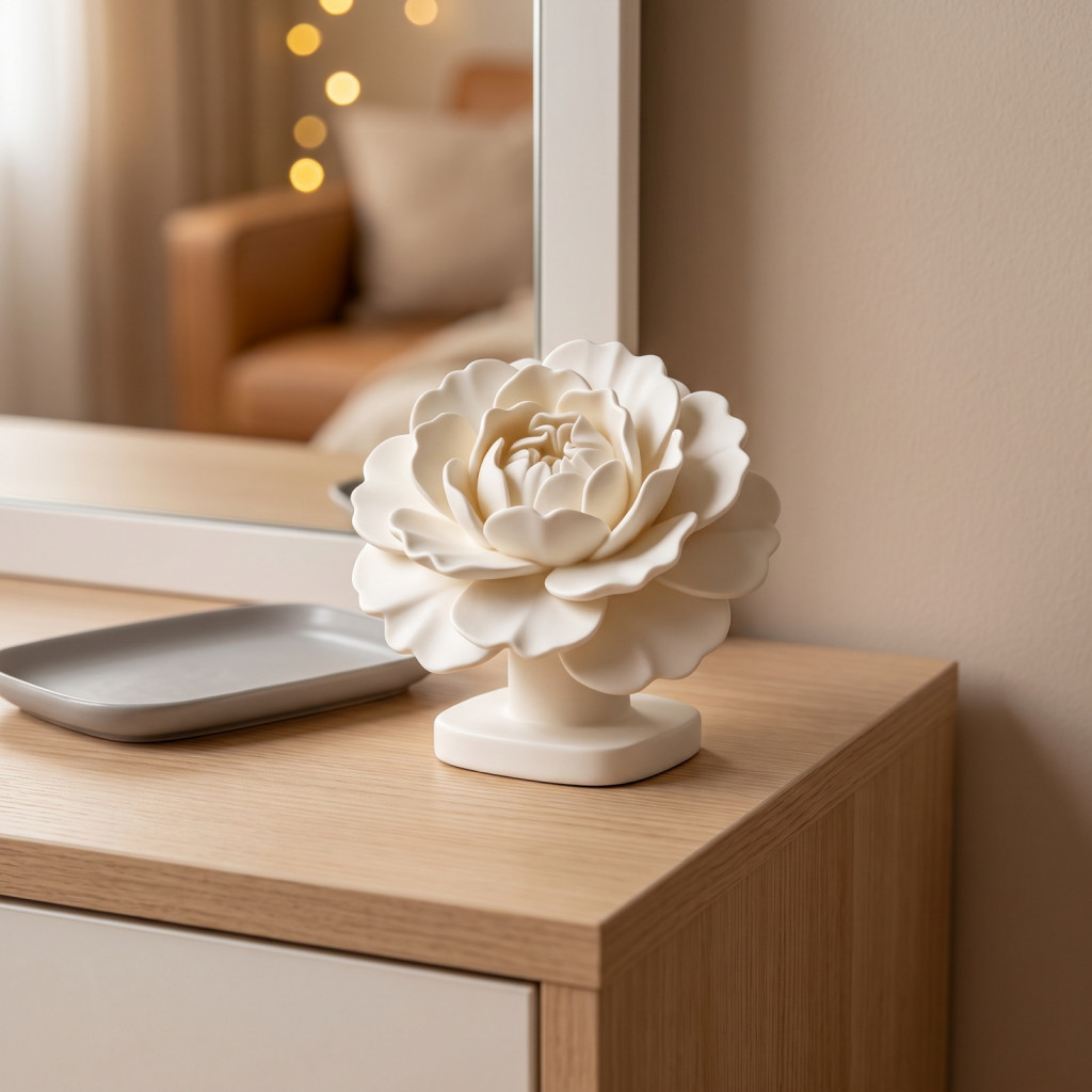 Minimalist Desktop Decor Peony Flower Sculpture 3d Printed White Statue with Base – Modern Decorative for Home Office