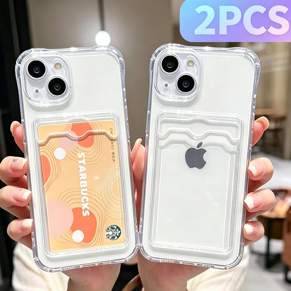 2PCS Transparent Card Slot Bag Holder Case For iPhone 17 16 15 14 13 12 11 Pro Max XS X XR 7 8 Plus Wallet Shockproof Soft Cover