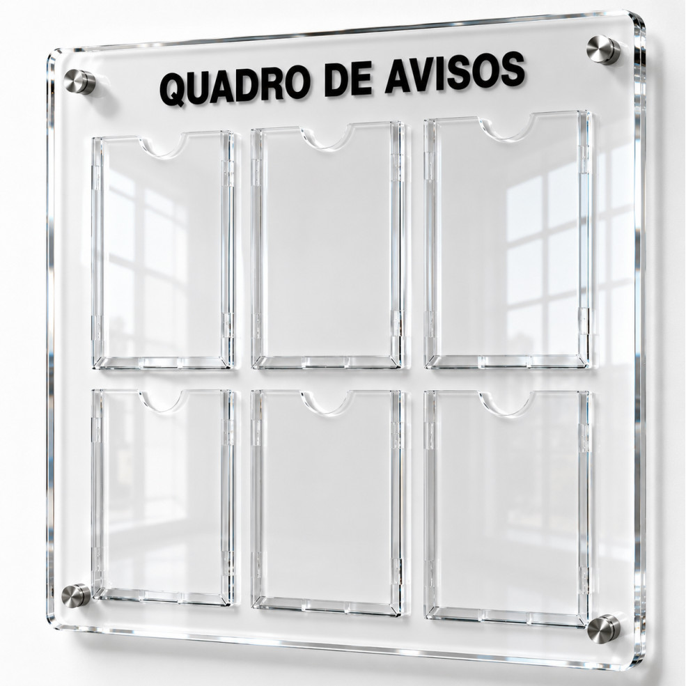 Quadro Avisos Gestão Acrílico 5mm Transparente 6 Displays A4