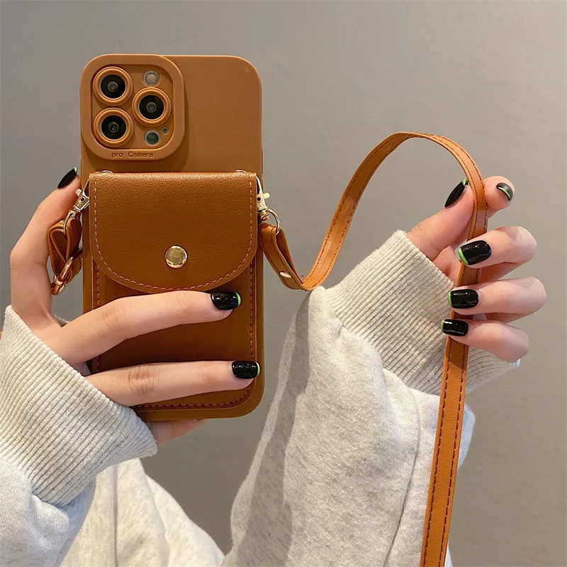 Wallet Leather Crossbody Neckband Lanyard Phone Case for iPhone 17 16 14 11 15 13 Pro Max X XR 8Plus SE Luxury Card Holder Cover