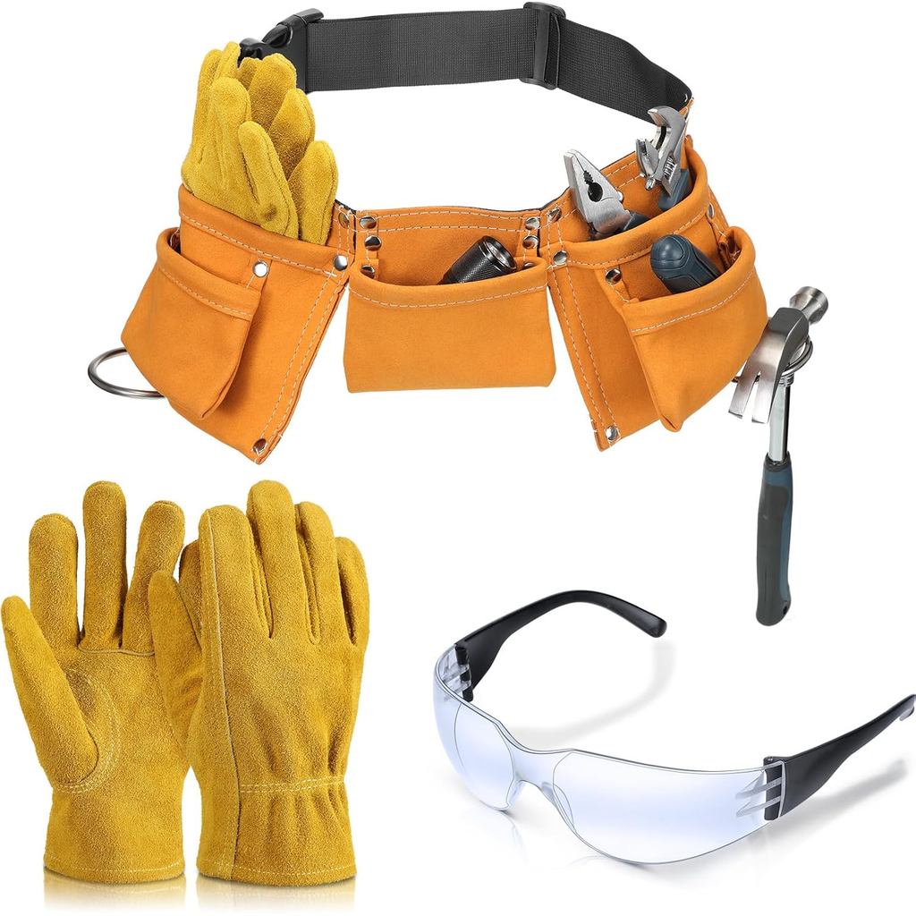 Zhanmai Tool Belt Adjustable Work Belt with Leather Garden Gloves Safety Glasses Adjustable Construction Apron Carpentry