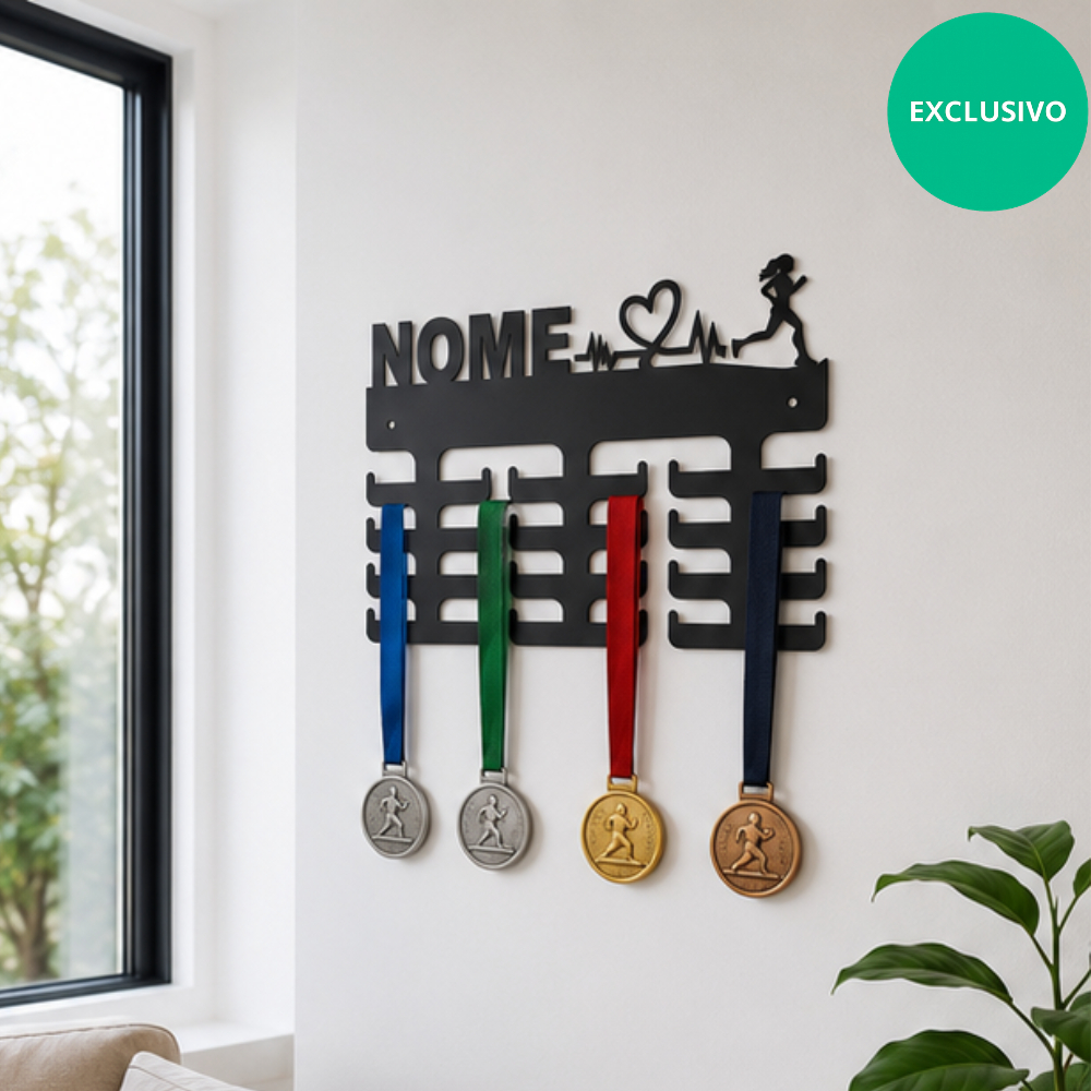 Porta Medalhas Cardio Corrida Feminina - Nome Personalizado MDF Preto