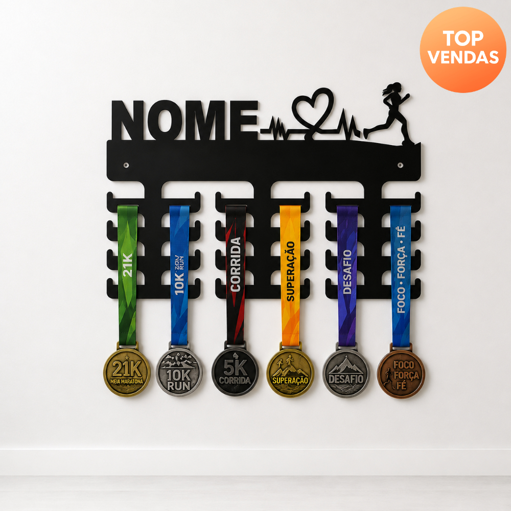Porta Medalhas Cardio Corrida Feminina - Nome Personalizado MDF Preto Suporte Decorativo
