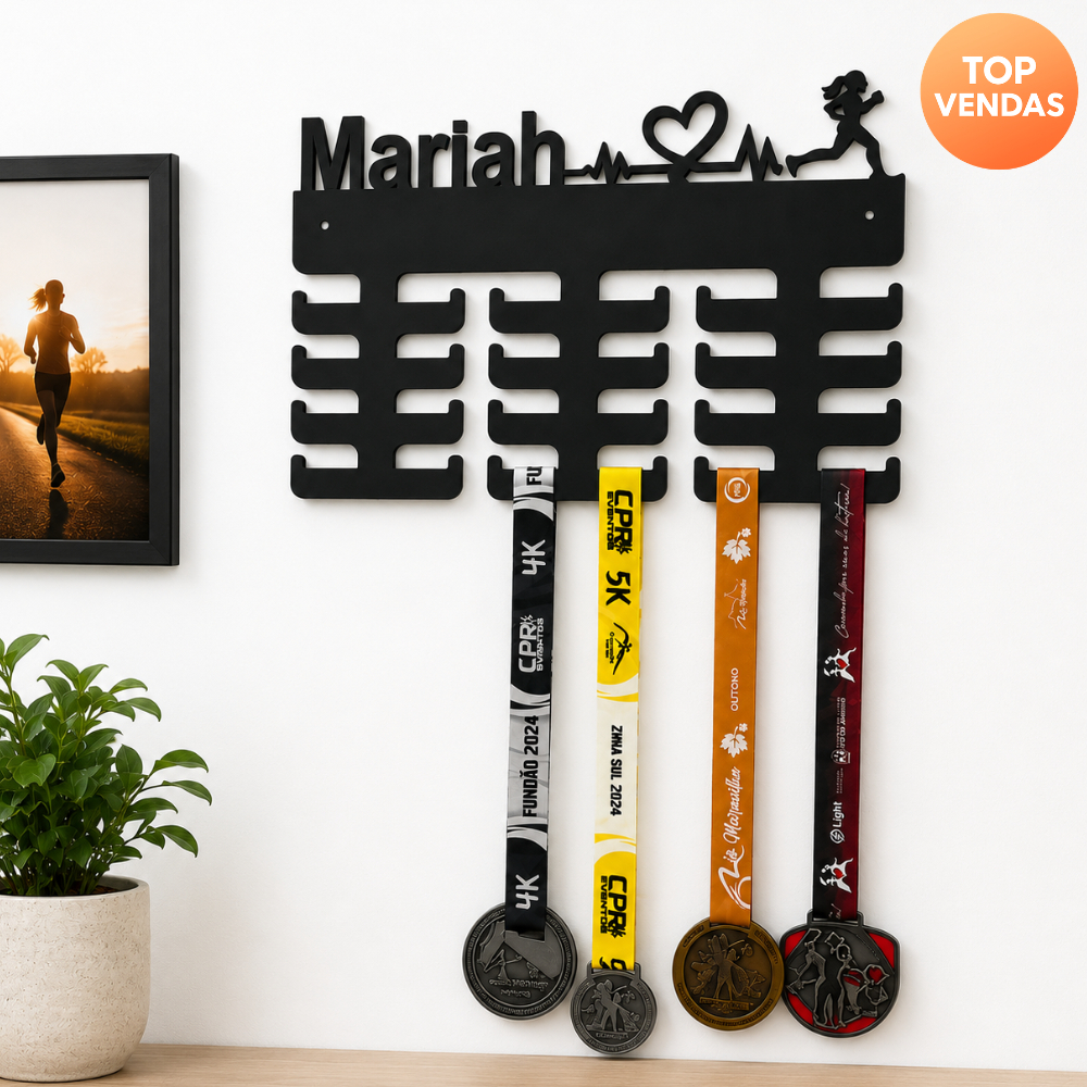 Porta Medalhas Cardio Corrida Feminina - Nome Personalizado MDF Preto Decorativo