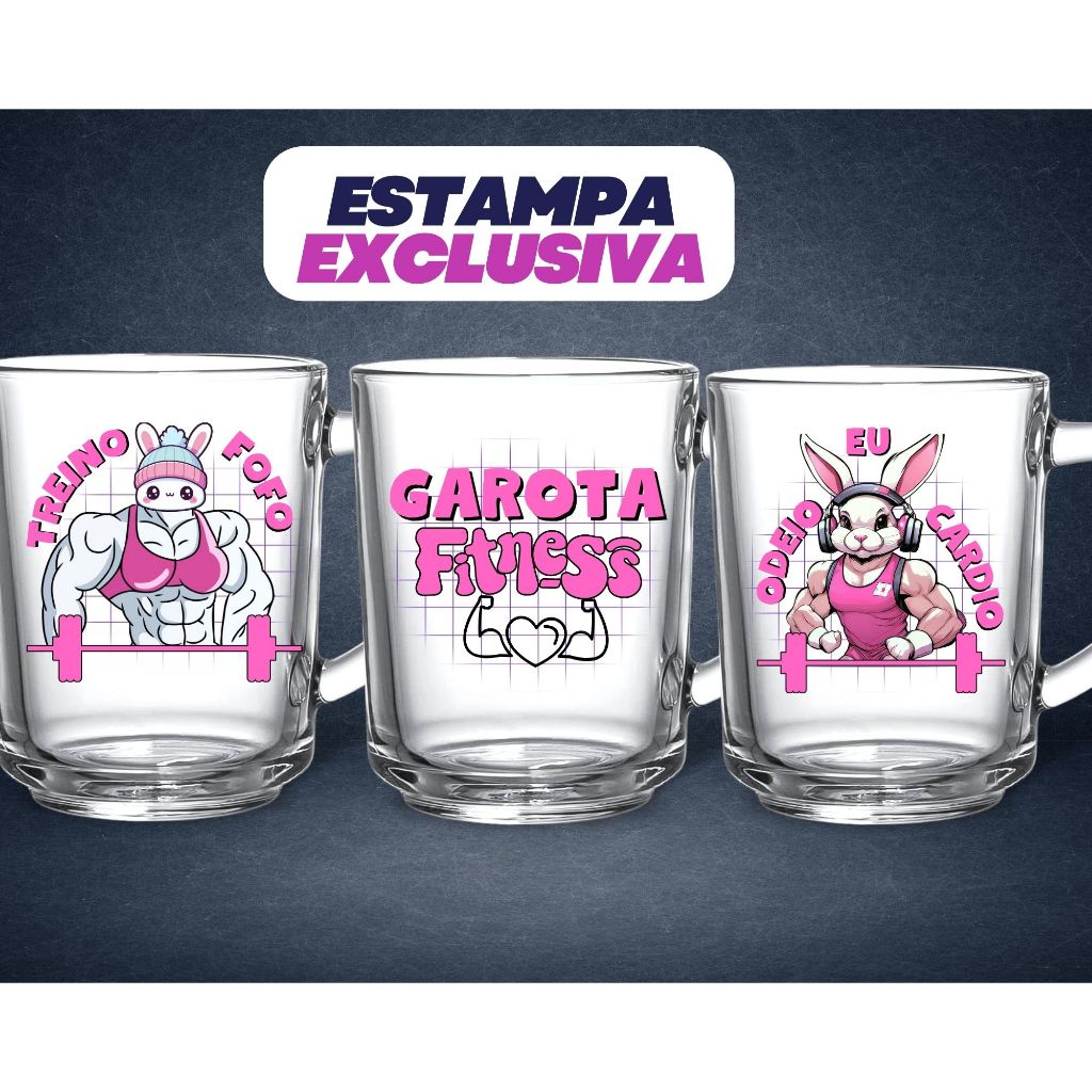 Jogo 3 Canecas Vidro 225ml Estampa Treino Fofo Eu Odeio Cardio Garota Fitness Frases Meme Academia