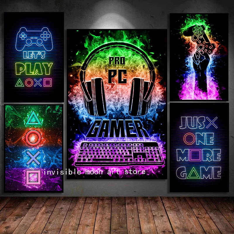 Quadro Neon Gamers Handle Playstation Headset e Teclado Art Posters, Pictures for Boys Room, Home Decor, Moderno
