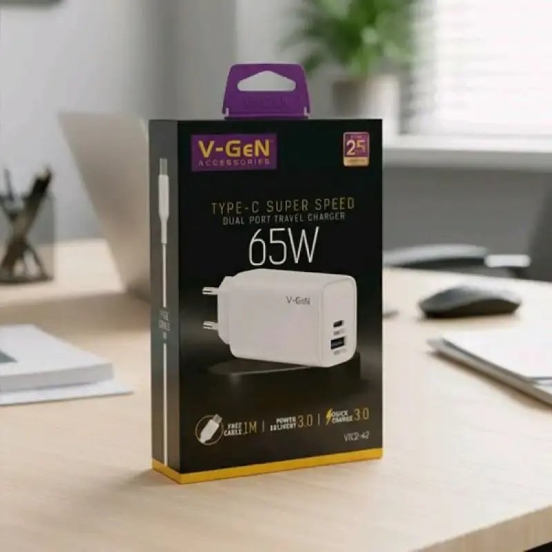 Carregador De Viagem V-GeN VTC2-42 65W Porta Dupla Tipo C E USB QC3.0 PD3.0 Super VOOC Adaptador De Carregamento Rápido