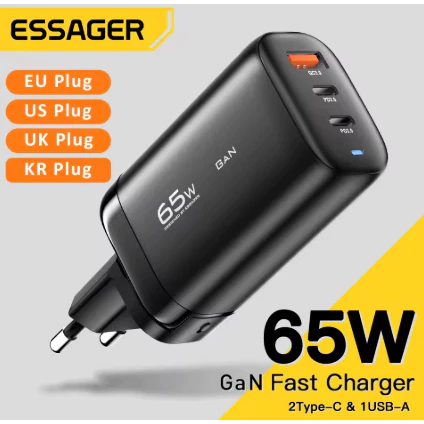 Carregador USB Tipo C Essager 65W GaN para Laptop PPS 45W 25W Carregamento Rápido QC3.0 PD3.0