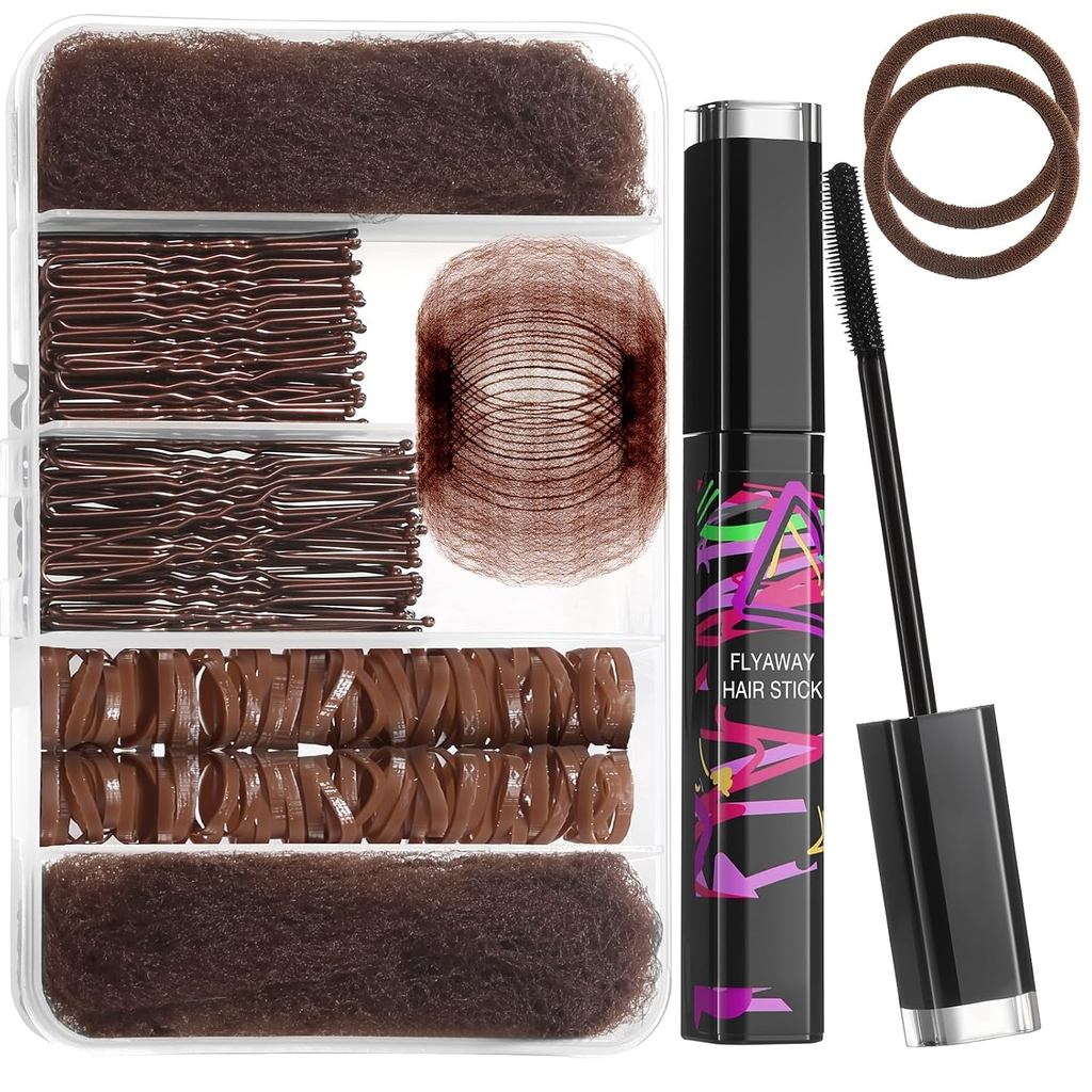Dance Competition Must Haves Kit - 20pcs Invisible Hair Nets for Buns, 40pcs Strong Hair Pins & Flyaway Tamer Stick - Fo