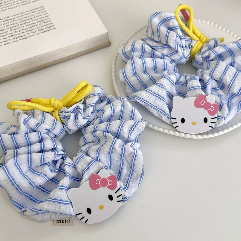 KT Cat Bowknot Scrunchie , Listras Azuis Refrescantes , Laço De Cabelo Grande , Corda De Coque