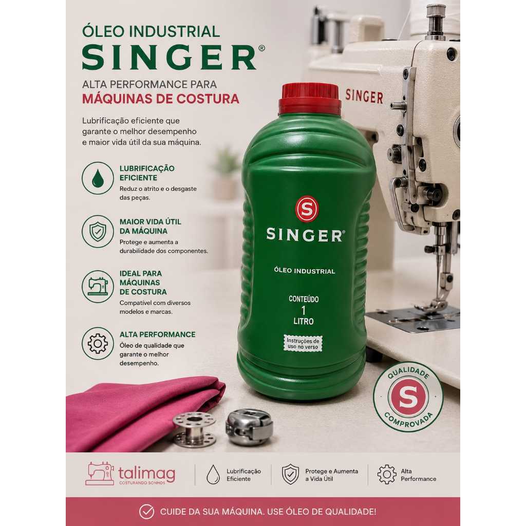 Oleo Industrial Singer, 1L ideal para lubrificar maquinas de costura e equipamentos industriais
