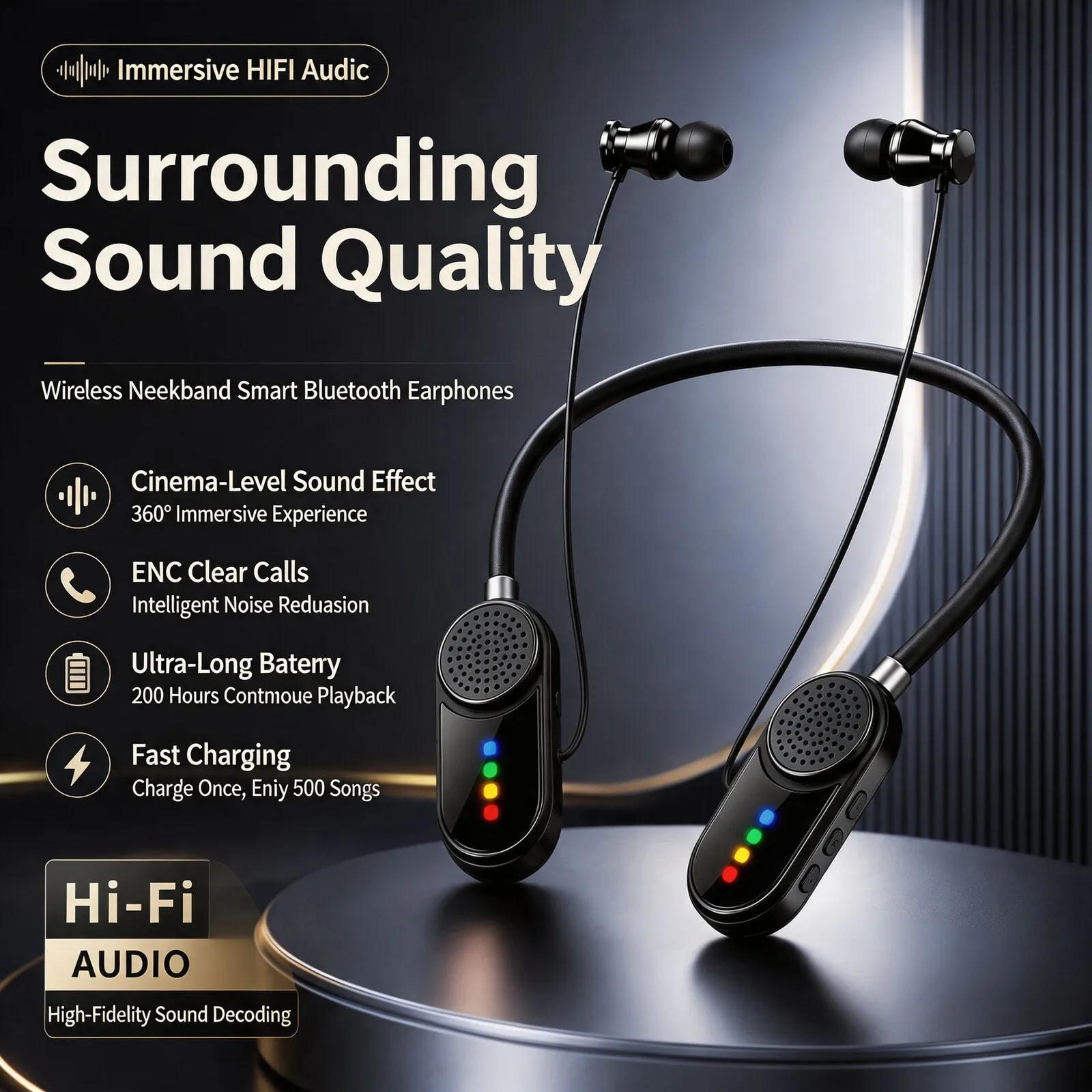 Neckband Bluetooth 6.0 Earphones Dual Mode Headset & Portable Speaker 300mAh Long Battery RGB ENC Mic for Sports Outdoor Travel