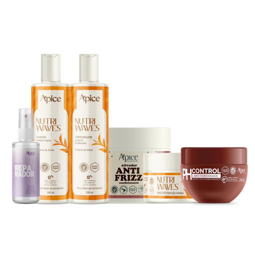 Kit Shamp, Cond, Máscara Nutri waves, Ativador Antifrizz, Másc. Ph Control e Reparador - Ápice
