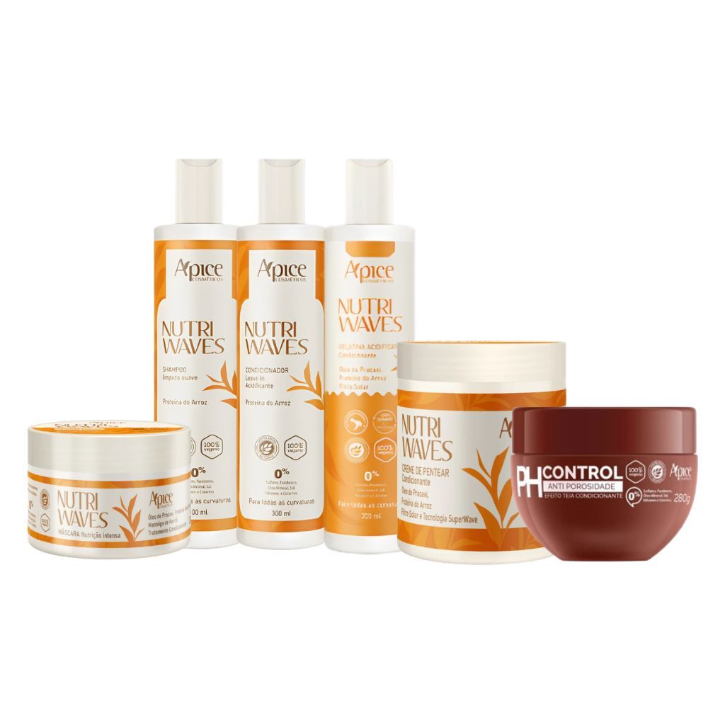 Kit Shampoo, cond, Gelatina, Ativador, Máscara Nutri Waves e másc Ph Control 280g - Apice