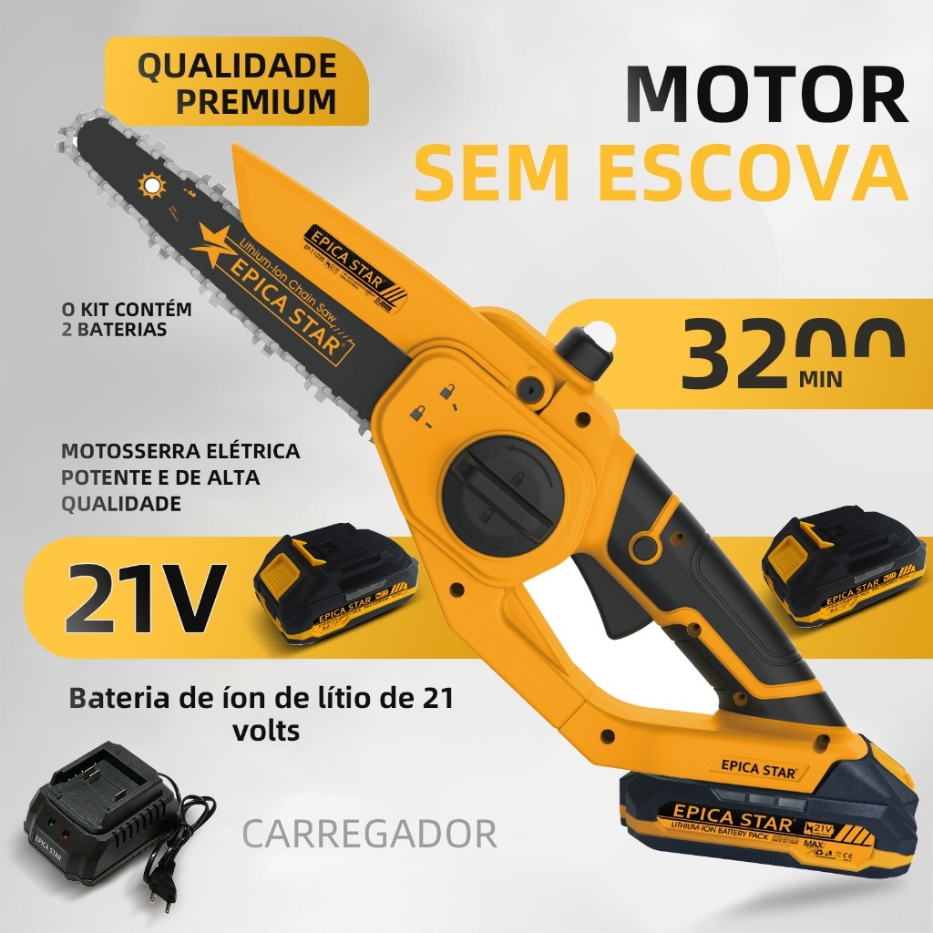 🔥🔥Motor sem escovas Mini Motosserra Elétrica Portátil 21V - 2 Baterias, 8 Polegadas 1200W