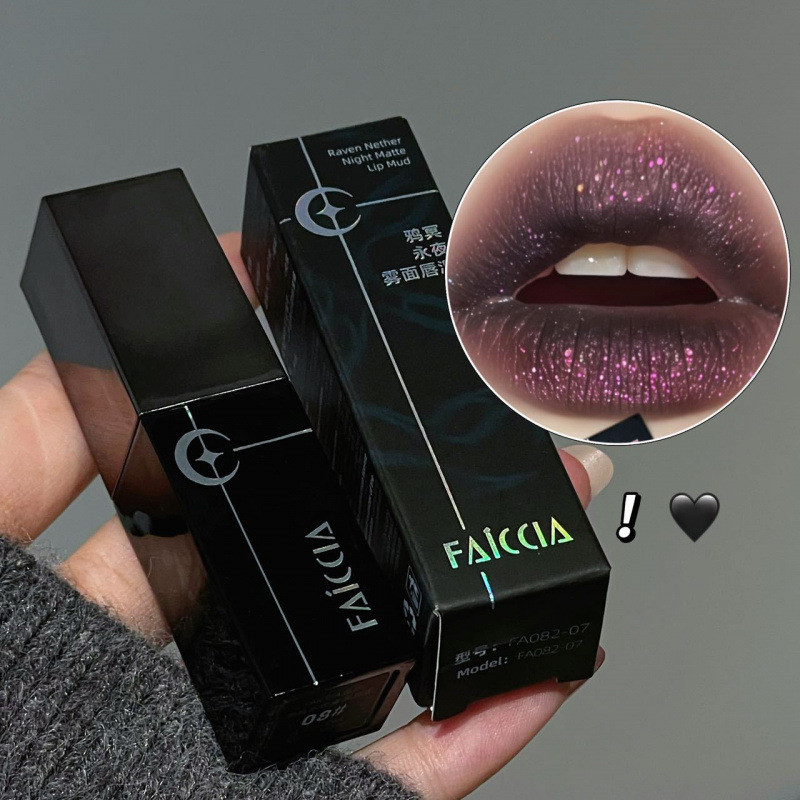 FAICCIA Crow Ming Yongye Matte Matte Lip Mud Piscando Perolado Lip Gloss Cool Sa Halloween cos Lip Gloss Maquiagem