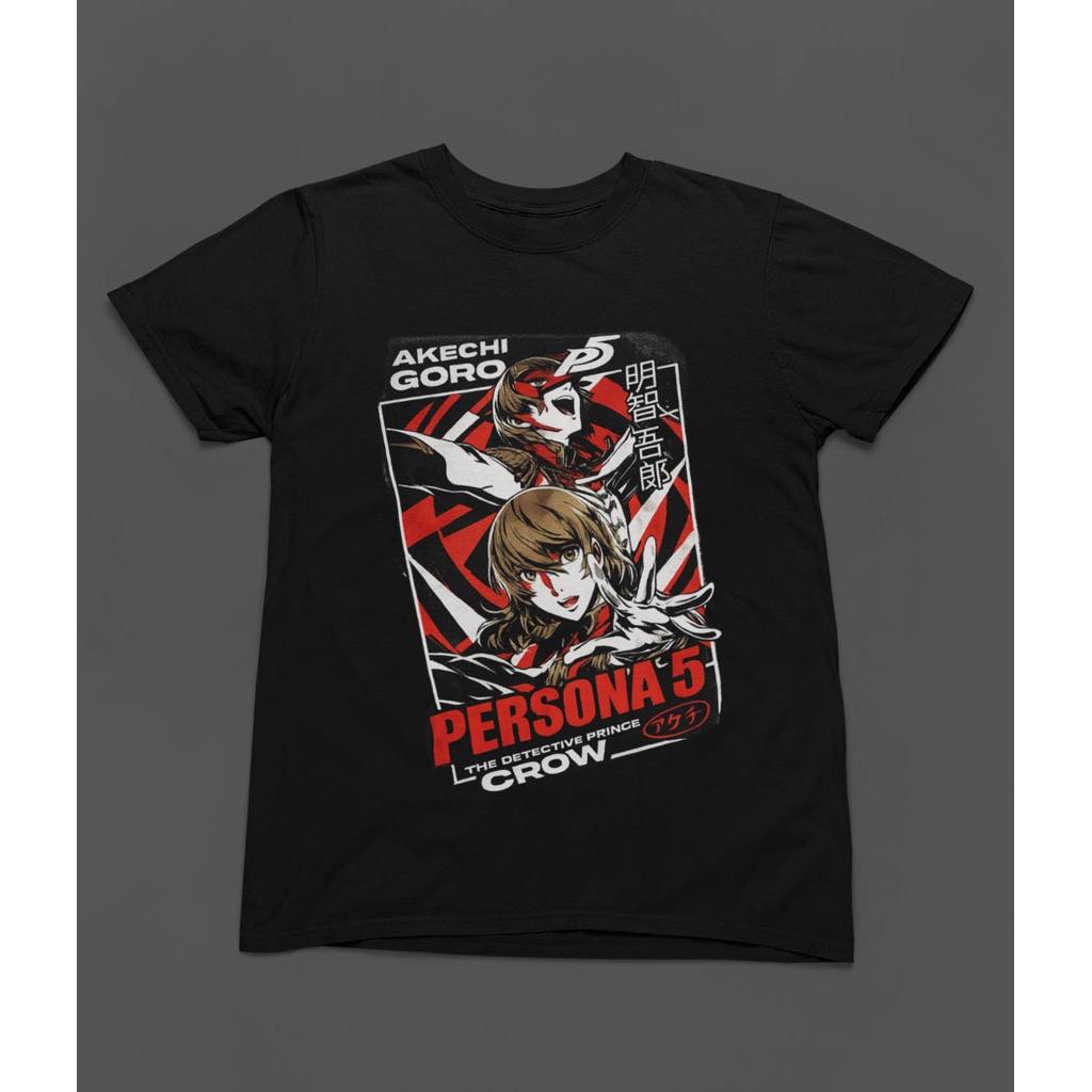 Camiseta Masculina Feminina Persona 5 Akechi Goro Crow Arte Anime Grunge Vermelho e Branco Unissex Envio Imediato