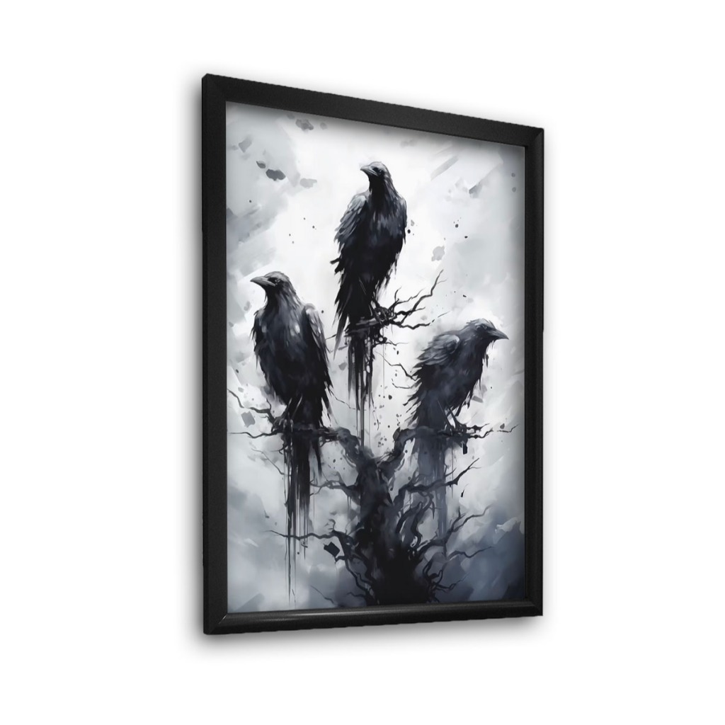 Quadro Decorativo com 3 Corvos Crow para Seu Espaço Com Moldura e Vidro