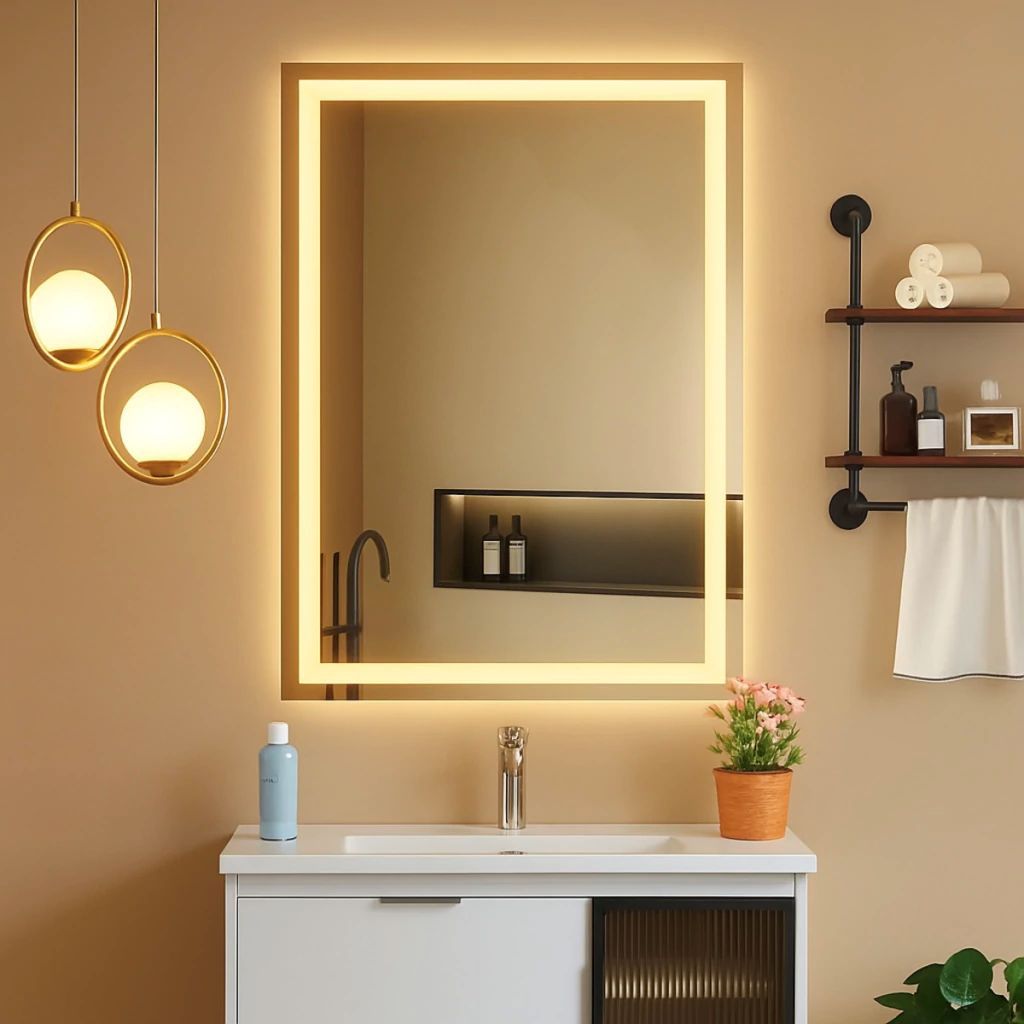 Espelho Retangular 90 x 70cm com LED Embutido Jateado e Lapidado – Premium para Banheiro, Quarto e Penteadeira