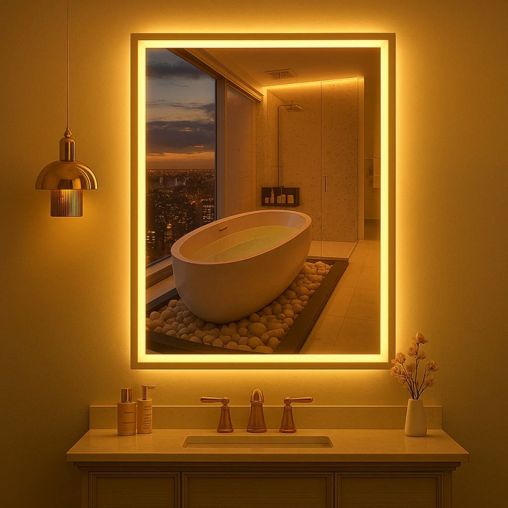 Espelho Retangular 60 x 80cm com LED Embutido Jateado e Lapidado – Premium para Banheiro, Quarto e Penteadeira
