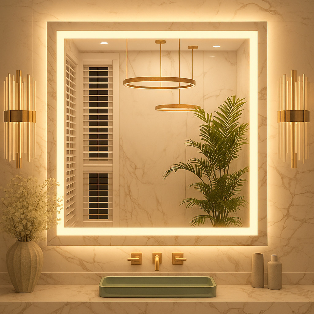Espelho Quadrado 80 x 80cm com LED Jateado Lapidado Touch Screen Bivolt – Banheiro, Quarto e Sala