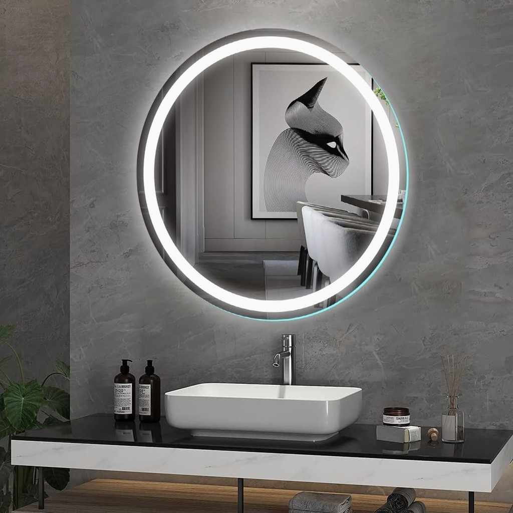 Espelho Redondo 90 x 90cm com LED Touch Jateado e Lapidado – Iluminado para Banheiro, Quarto, Sala e Closet