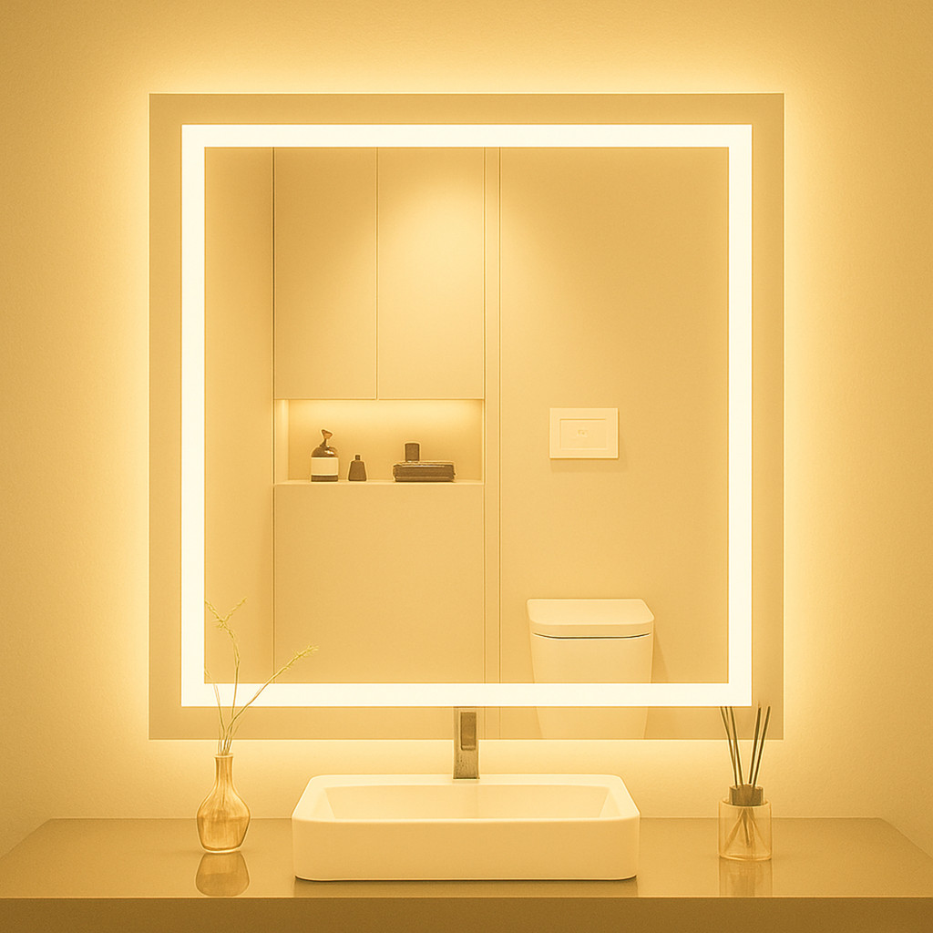 Espelho Decorativo Quadrado 90 x 90cm com LED Touch Jateado e Lapidado – Banheiro, Sala, Quarto, Closet