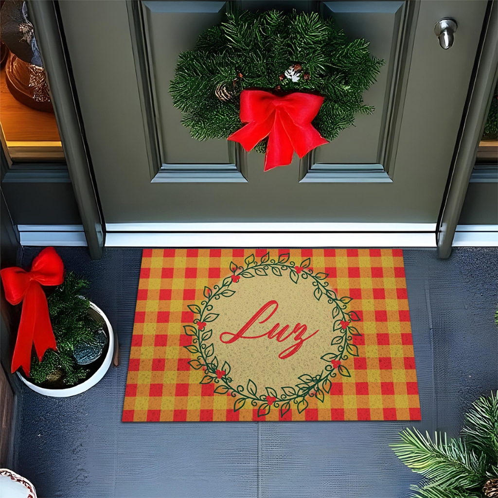 Tapete De Porta Divertido 60x40 Premium Luz Guirlanda De Natal Vermelho Nt048