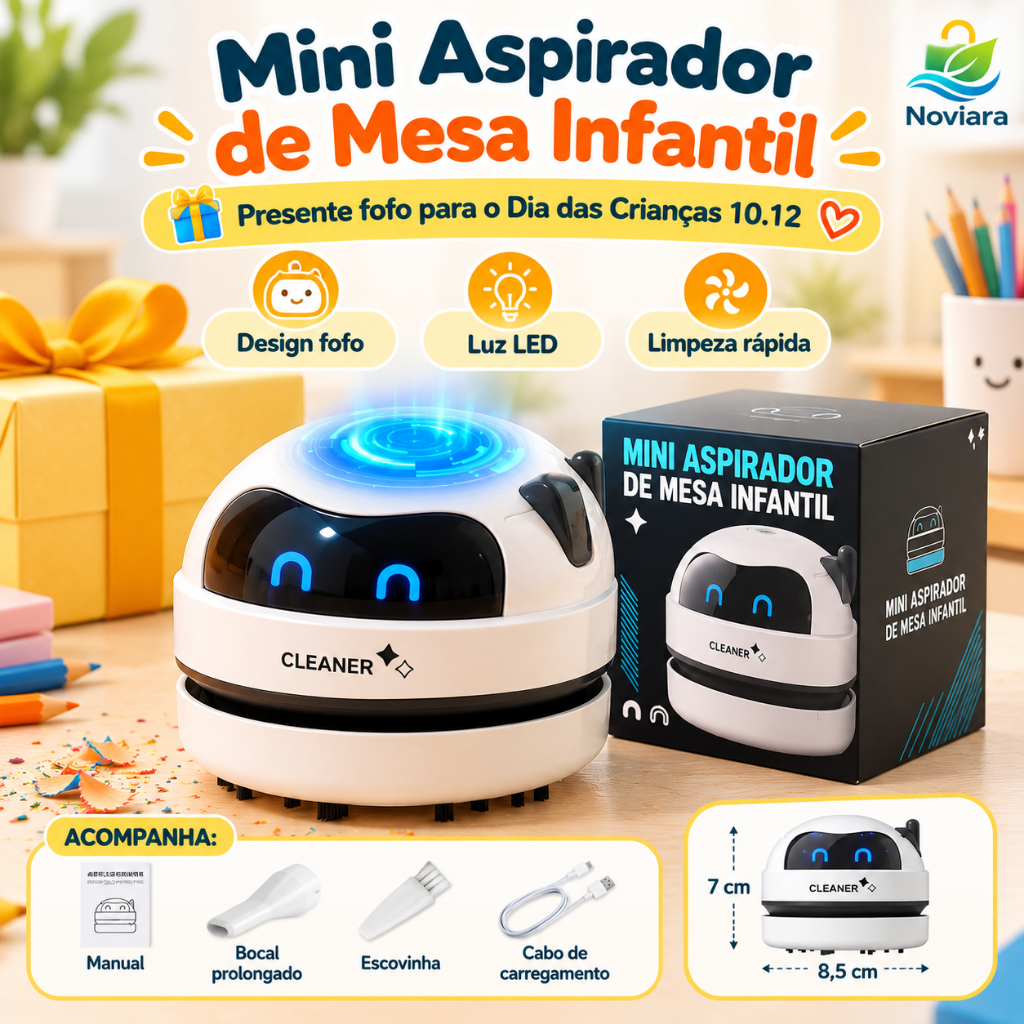 Mini Aspirador de Mesa Infantil Noviarar Cleaner Design Fofo Luz LED 7x8,5cm