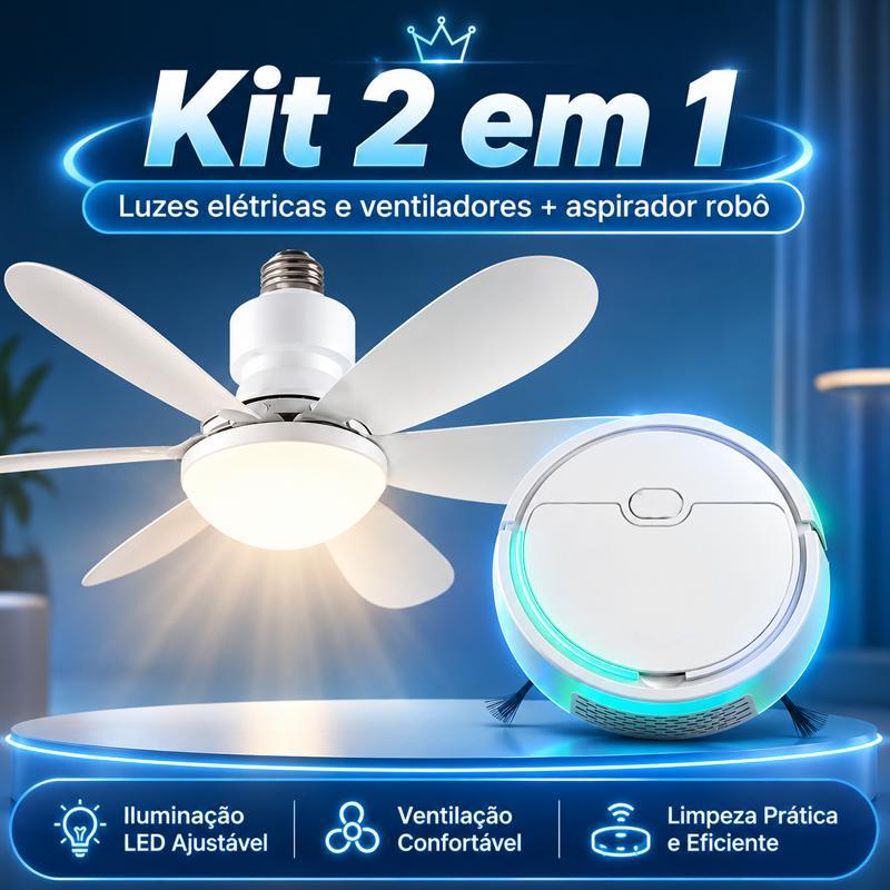 Kit Casa Inteligente 2 em 1 Lâmpada Ventilador E27 com Luz LED Ajustável e Controle + Robô Aspirador que Varre e Aspira