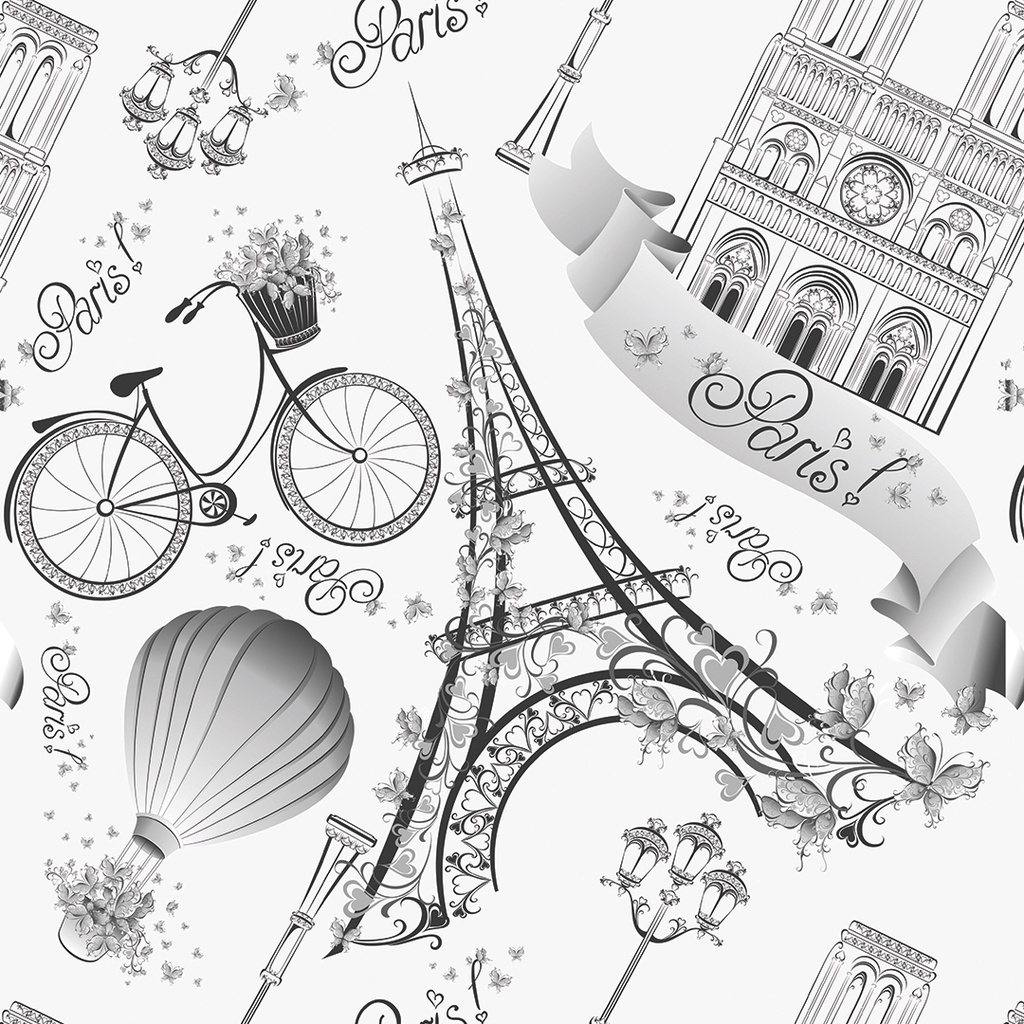 Papel De Parede Adesivo Paris Bicicleta Preto e Branco pontos turísticos Lavável Rolo de 3 Metros