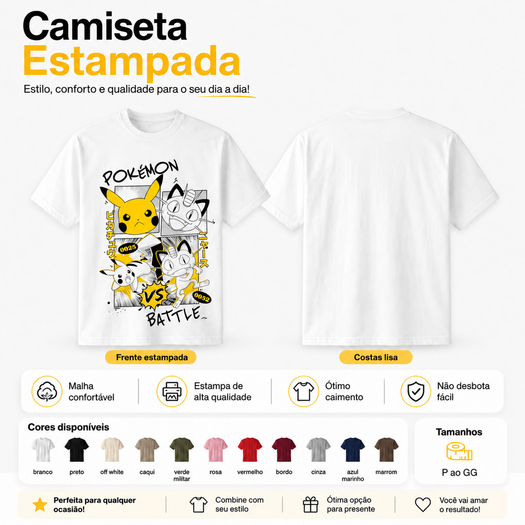 Camiseta Anime Pokémon Battle Premium Frente Estampada