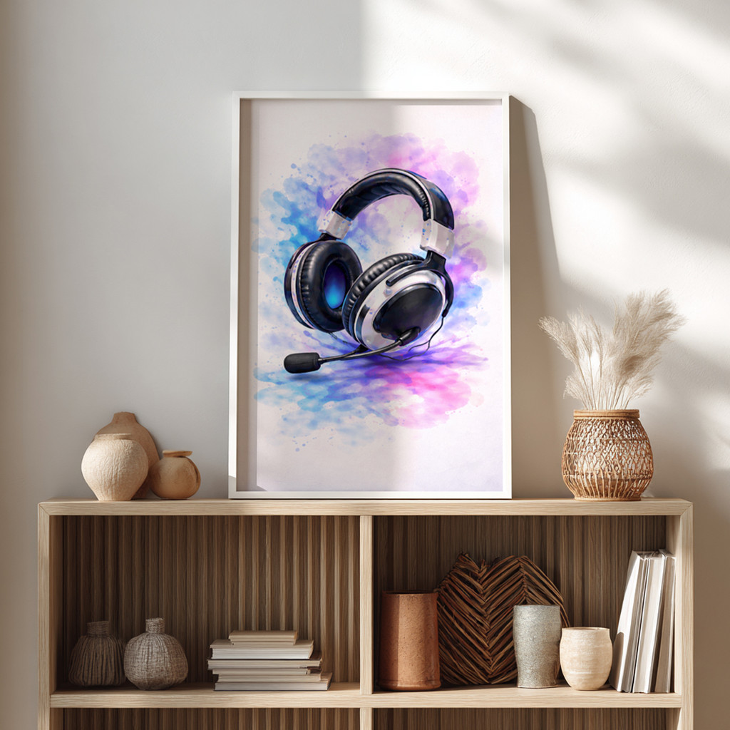 Quadro Decorativo Headset Gamer Fone Ouvido Gaming Aquarela Setup PC Quarto Gamer Escritório Com Moldura