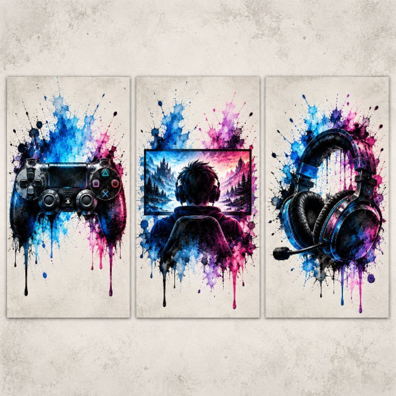 Quadros Decorativos Gamer Controle Headset Setup Gaming Quarto Jogos Decoração Geek Sem Moldura
