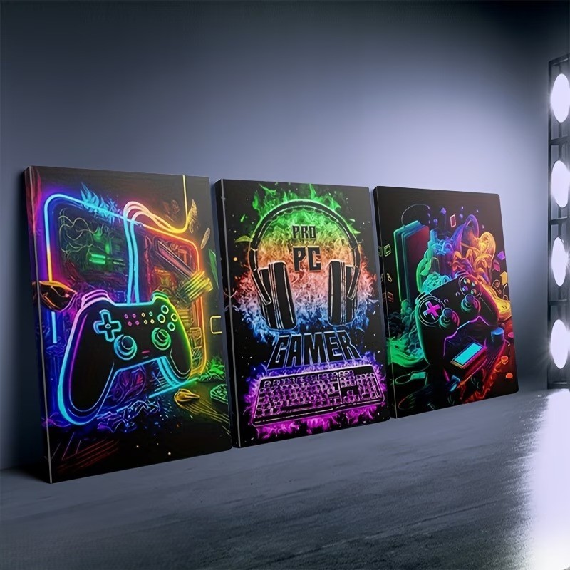 Kit 3 Quadros Decorativos Gamer Setup Gaming Controle Headset Neon RGB PC Sala Quarto