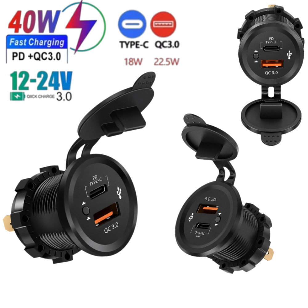 Tomada De Carregador USB Para Carro Embutido 12V-24V 40W PD + QC3.0 À Prova D'água Com Interruptor Liga/Desliga De Motoc