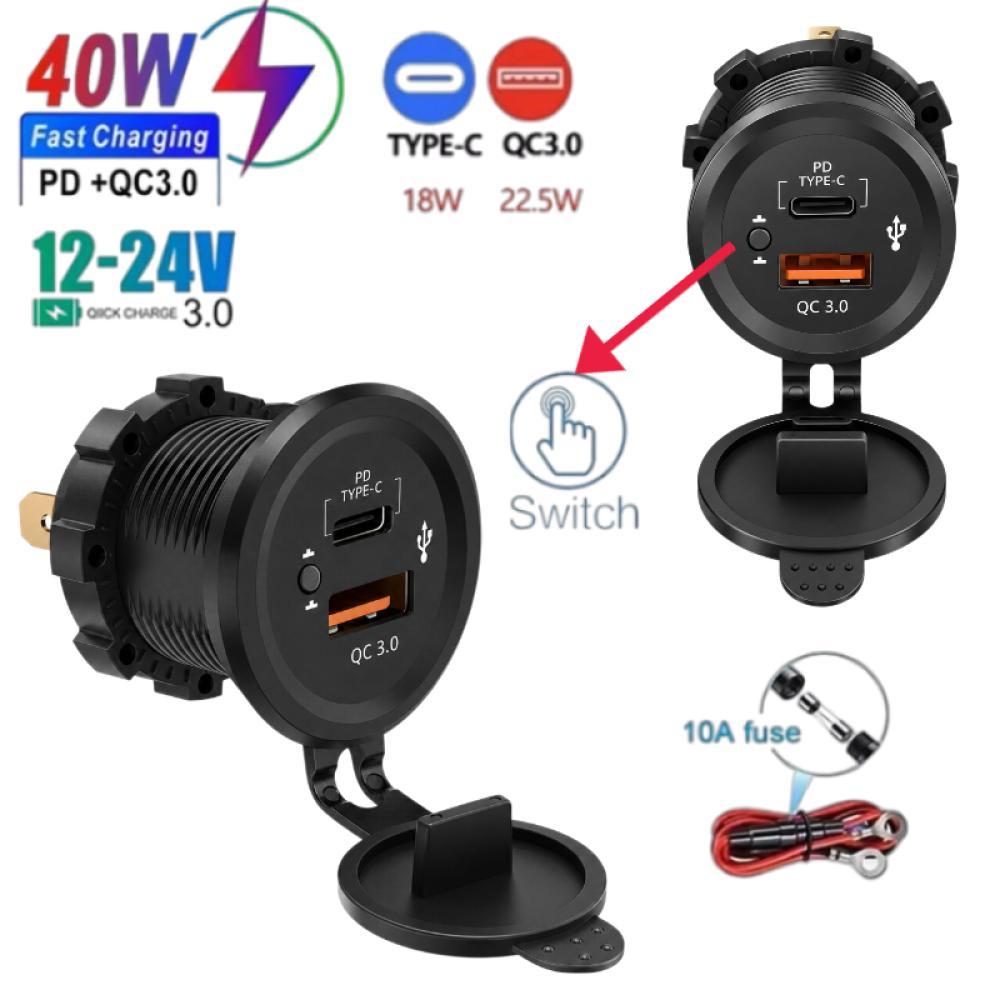 Tomada USB Veicular PD+QC3.0 40W, 12V 24V, À Prova D'água com Interruptor ON/OFF para Moto e Carro Caminhão Barco Navio