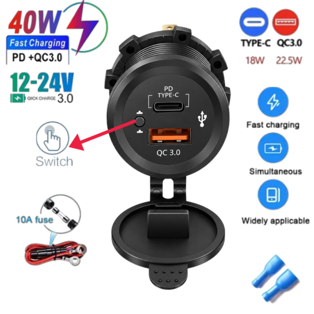 Tomada USB Embutida Para Carro , 40W , PD + Qc3.0 , 12v-24V , À Prova D'água Com Interruptor Liga/Desliga Caminhão , Mot