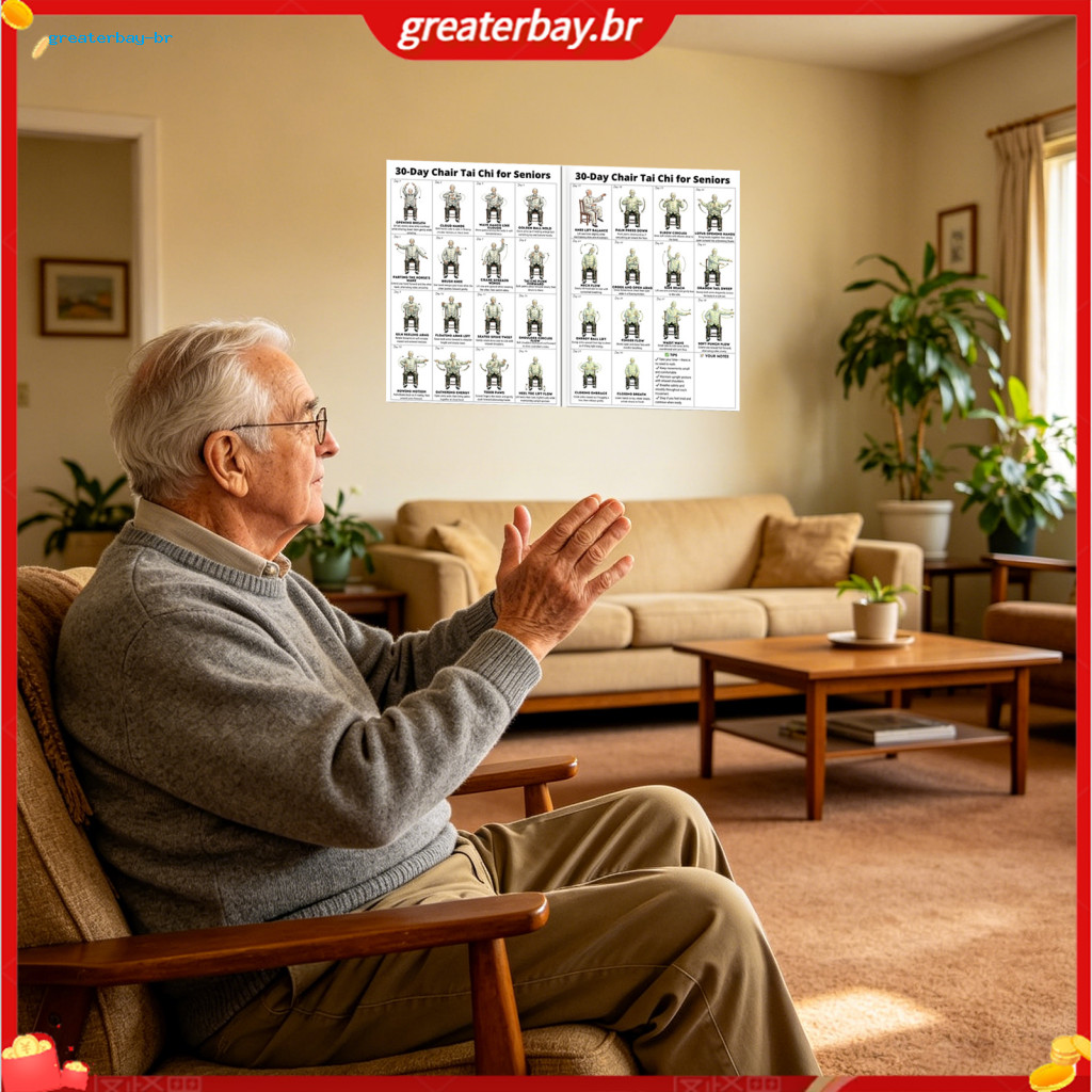 2pcs Tai Chi Chair Workout Poster Set – 30 Days Beginner Senior Seated Exercise Guide Canvas Wall Art for Home Gym Liv