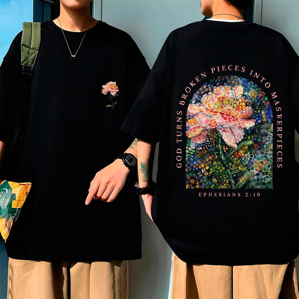 Camiseta Unisex de Alta Qualidade, Design com Flor em Estilo de Pintura Pontilhada, Textos Estampados 