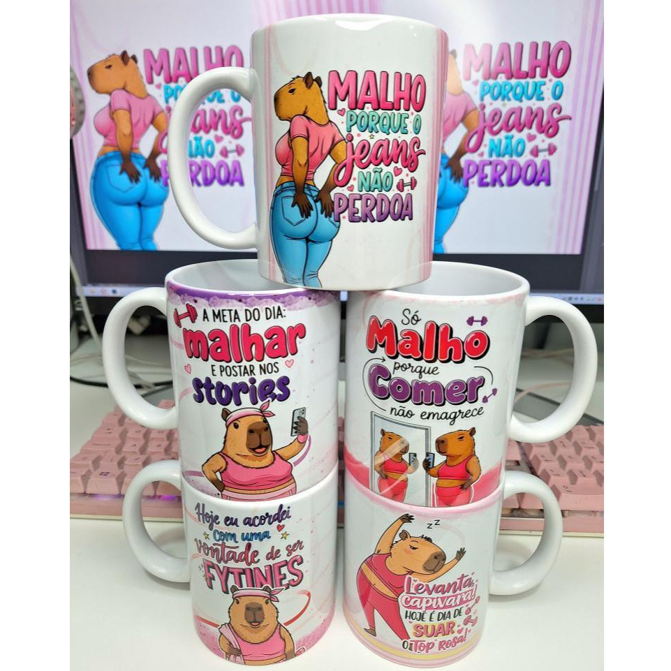 Caneca ceramica estampada desenho capivara maromba gym academia fitness
